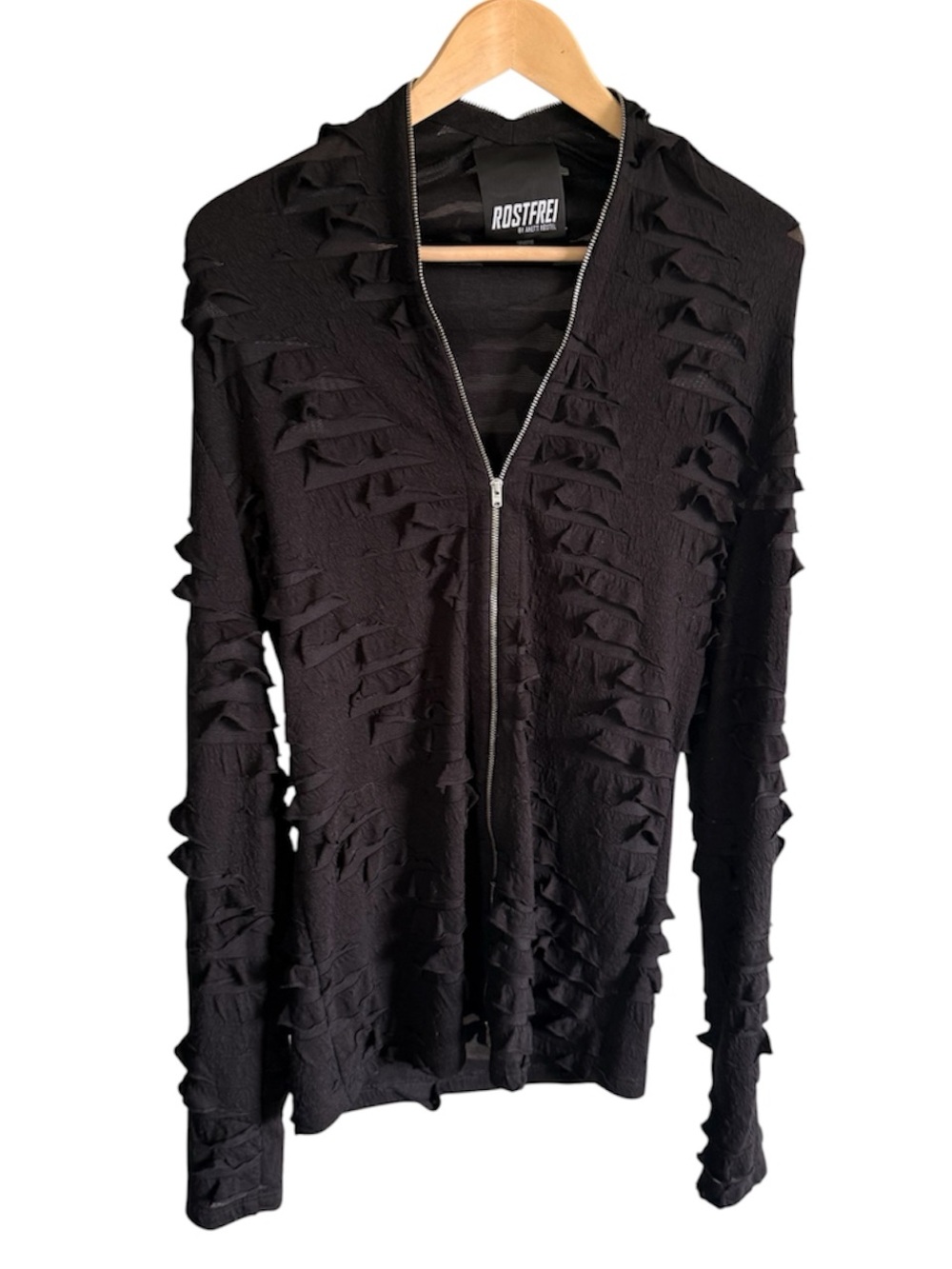 Rostfrei by Anett Röstel fringe Zip-Up cardigan jacket Black Zipper Ruffle, 40